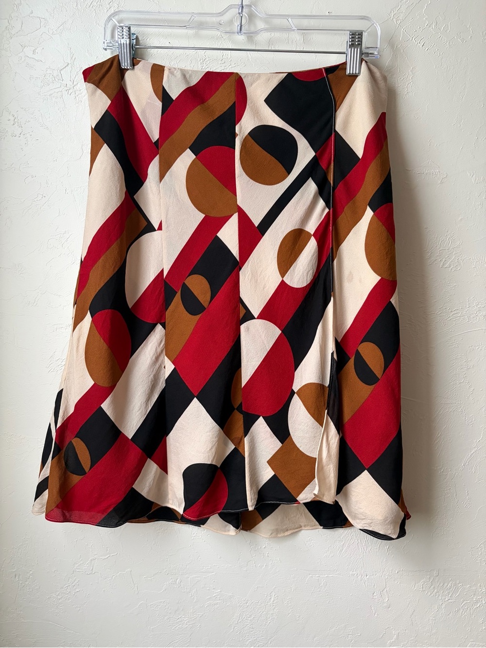 Vintage I.e. 100% Silk Abstract Geometric A-Line Skirt Red Black Camel Size 12